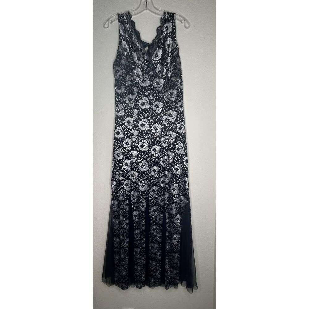 Candalite Dress Womens M Silver Lace Sequin Fairy Formal Maxi Evening Gown Y2K